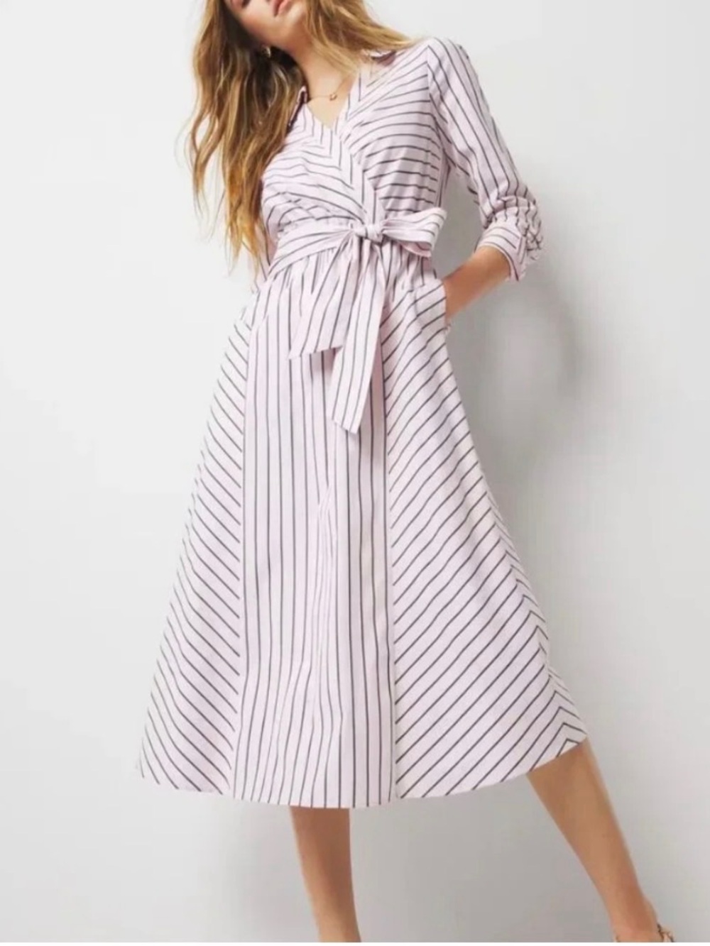 White House Black Market Pink and Black Striped Tie-Waist Midi Dress